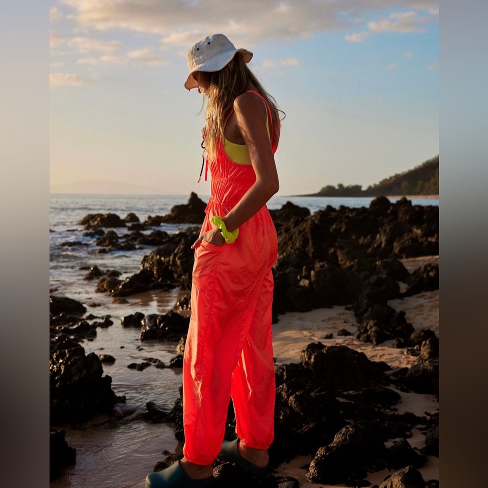 FP Movement by Free People Neon Coral Pink Jumpsuit with Lime Accent